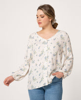 Blouse à fleurs bleues myosotis en coton biologique faite au Québec